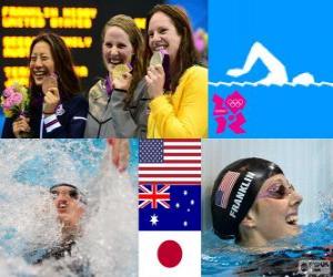 yapboz Yüzme bayanlar 100 metre sırtüstü podyum, Missy Franklin (ABD), Emily Seebohm (Avustralya) ve Aya Terakawa (Japonya) - Londra 2012-